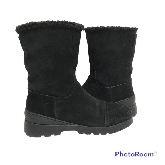 SAM EDELMAN Boots Women 8M/38 Fleece Lined Black Leather Mid Calf Pull On Wedge - Picture 4 of 11
